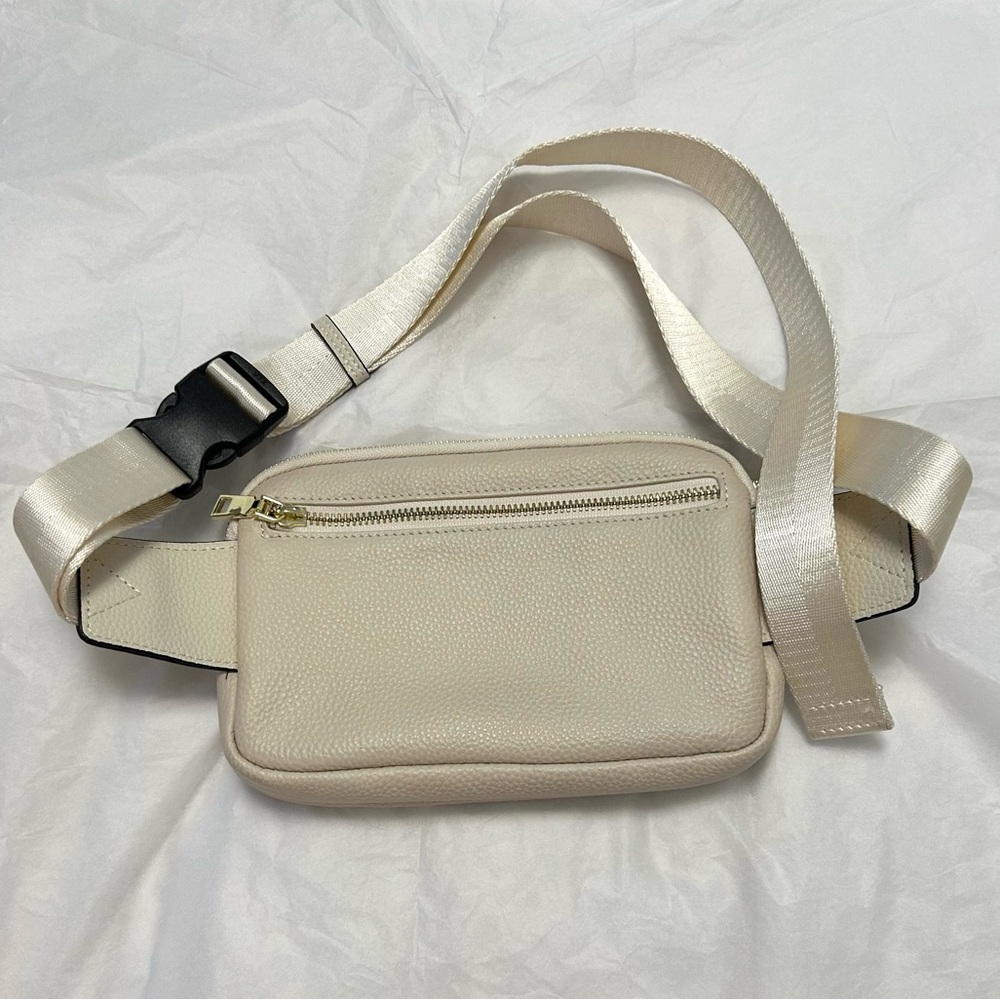 S-Zone Genuine Leather RFID Blocking Fanny Pack in Off White/Cream. - Picture 7 of 14